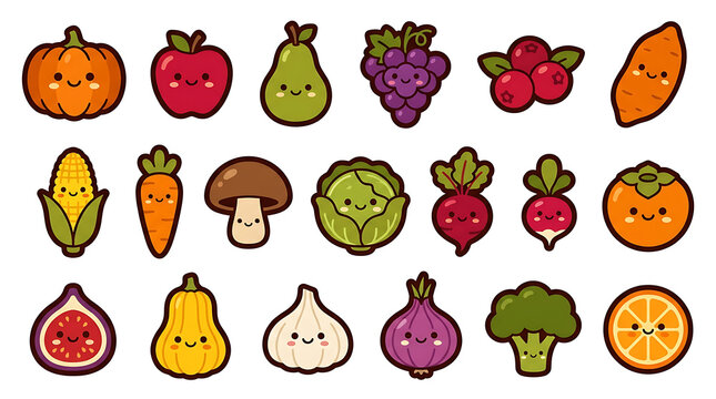 Collection of colorful vector fruits and vegetables with smiling faces on a white background apple