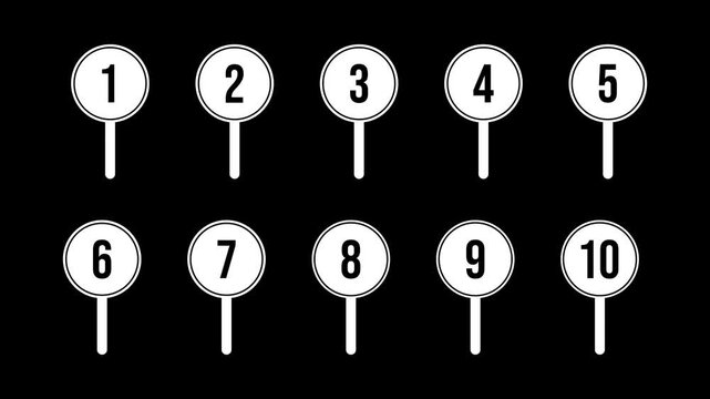 Judge score numbers 1 to 10 animation with numbered rating paddles for ranking, review, survey and evaluation, transparent background