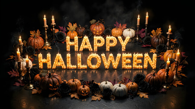 Halloween pumpkins and candles create a festive holiday atmosphere.