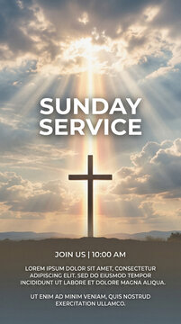 Christian Sunday Service Church Flyer Template with Cross and Light Rays