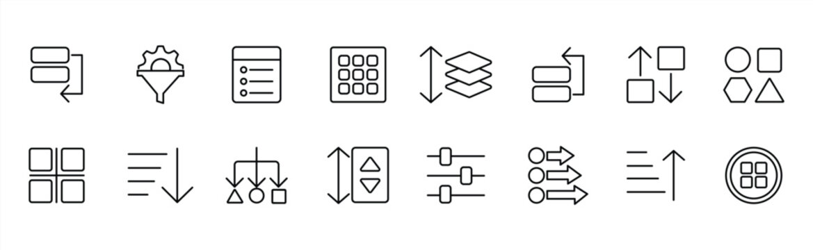 Sorting and filtering icon set. Includes filters, lists, settings, refinement, sorting, organizing, priority, reordering, categories, and more. Vector illustration.