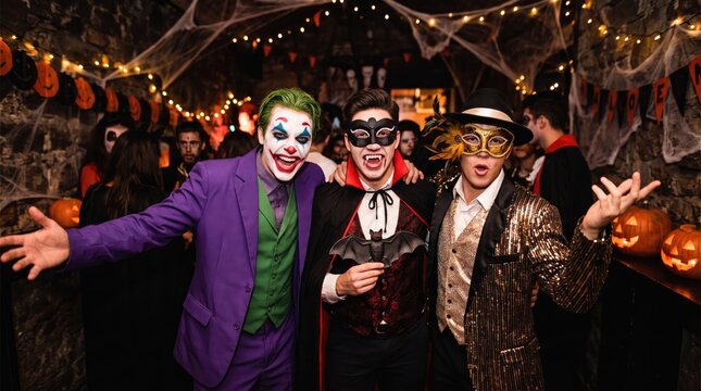 Three people in elaborate halloween costumes pose in a decorated room