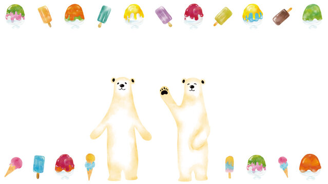 水彩風　シロクマとかき氷とアイスクリームとアイスバーのフレーム　Summer Series:Watercolor-style frame featuring a polar bear, shaved ice, ice cream, and ice pops
