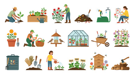 Naklejka premium Gardening Flat Vector Illustration Set with Gardeners, Tools, Plants, Greenhouse, and Outdoor Hobbies
