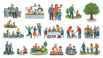 Fototapeta premium Happy Family Generations Enjoying Activities Together - Flat Illustration Style