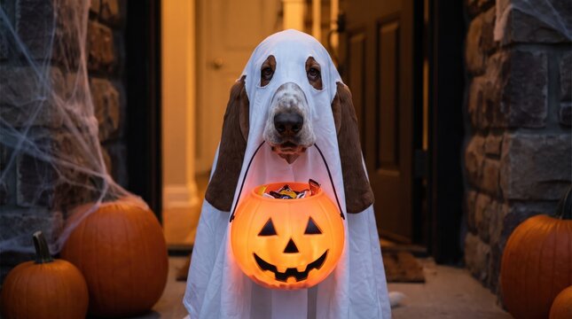 Adorable dog dressed as a ghost with a glowing jack o lantern for halloween