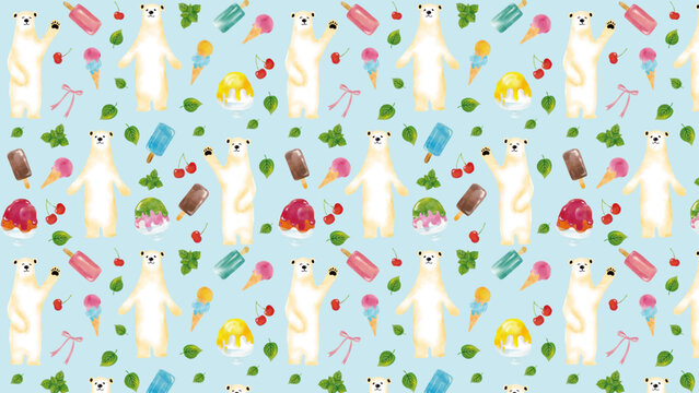 水彩風　シロクマとかき氷とアイスクリームとアイスバーのパターン　Summer Series:Watercolor-style pattern featuring polar bears, shaved ice, ice cream, and ice lollies