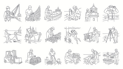 Naklejka premium Maritime Industry Jobs Line Art Collection: Coastal Workers Nautical Professions Icons