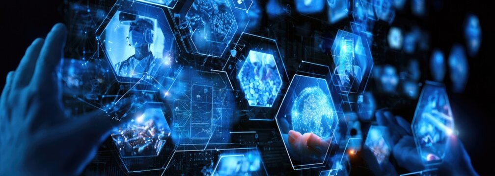Hands interacting with glowing hexagonal digital displays in a futuristic, blue-toned environment