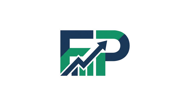 Modern business logo combining blue F and P letters with a green growth chart and upward arrow.