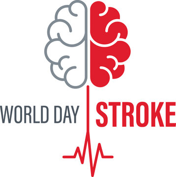 Stroke day featuring a split grey and red human brain connected to a red heartbeat line on a white background