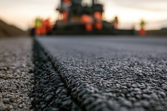 Fresh asphalt being laid by construction crew at dusk, close-up
