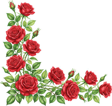 Beautiful red rose flower corner border arrangement with green leaves and buds vector design