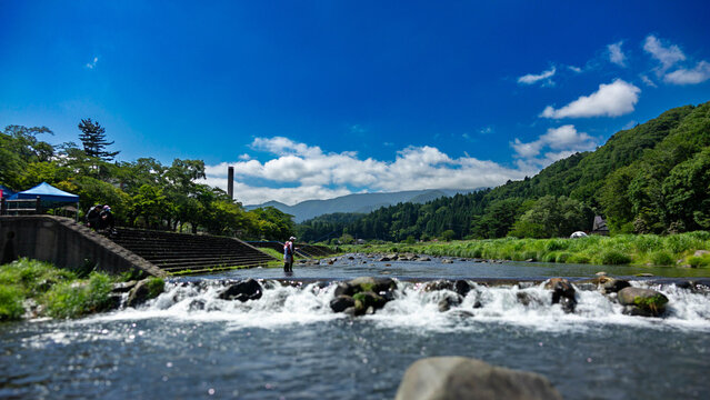 Riverbank Promenade Trail for Cycling and Fishing along Houki River in Shiobara Onsen, Nasushiobara, Tochigi, Japan