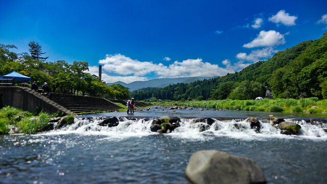Riverbank Promenade Trail for Cycling and Fishing along Houki River in Shiobara Onsen, Nasushiobara, Tochigi, Japan