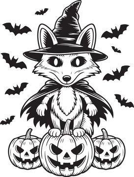 Skeleton fox illustration with witch hat, pumpkins and bats for Halloween design