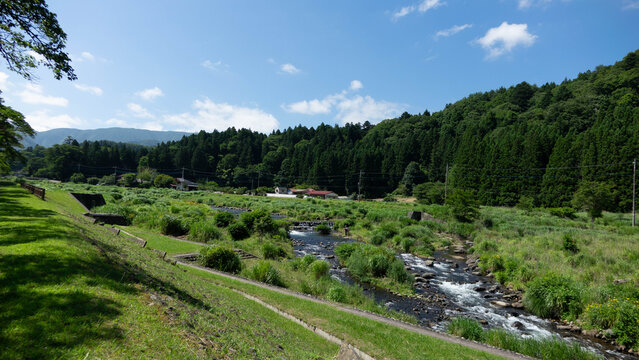 Riverbank Promenade Trail for Cycling and Fishing along Houki River in Shiobara Onsen, Nasushiobara, Tochigi, Japan