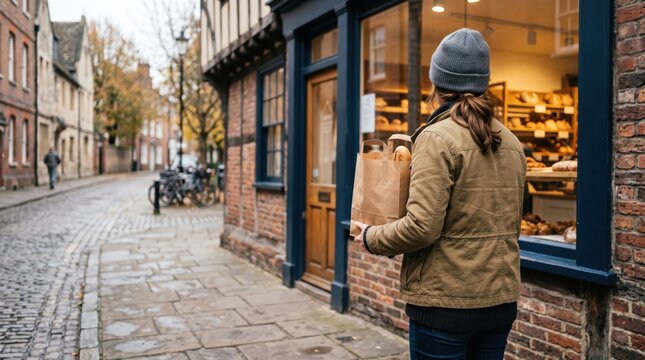 Over-the-shoulder view of a woman holding a brown paper bag outside a local bakery on a cobblestone street, perfect for lifestyle marketing, web banners, and editorial storytelling