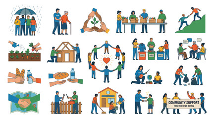 Fototapeta premium Flat Style Icons of Community Support, Volunteering, and Helping Hands