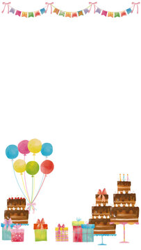 水彩風 チョコケーキとギフトと風船のお誕生日セット Happy Series:Watercolor-style birthday set featuring a chocolate cake, a gift, and balloons