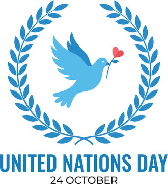 United nations day featuring a blue dove carrying a red heart inside a circular laurel leaf wreath with text 24 october below the bird on a white background