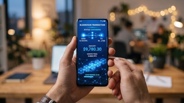 Close-up of smartphone screen displaying blockchain transaction status with digital network graphics, cryptocurrency transfer confirmation interface in modern office environment.