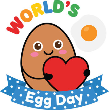 Worlds egg day with a cute brown cartoon egg character holding a red heart shape and a fried egg on a blue polka dot ribbon banner