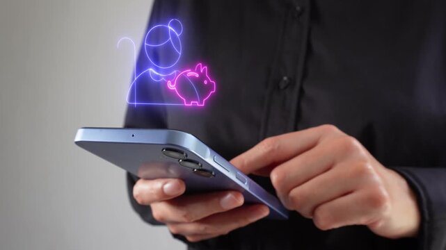 Financial well-being. Professional businesswoman checking her mobile phone, featuring a virtual icon of an elderly woman with a piggy bank.