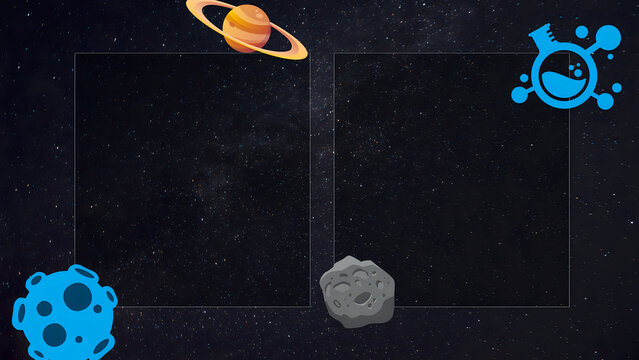 Space template frame design displaying planet Saturn and science icon over a dark starry background.