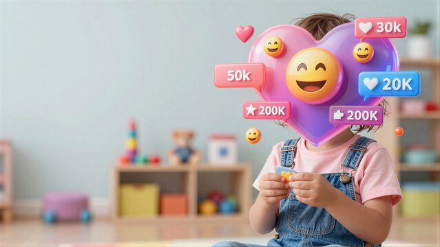 Child engrossed in smartphone, social media icons float above their head.
