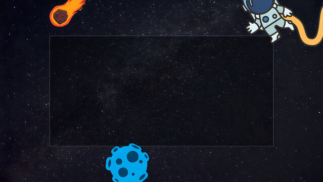 Outer space frame template featuring cartoon astronaut and meteorites around a central copy space area.