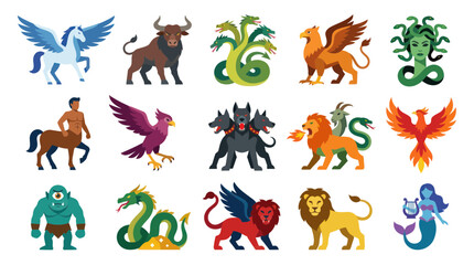 Obraz premium Flat Design Mythology Creatures Icons Set. Collection of Legendary Animals and Fantasy Monsters in Simple Style