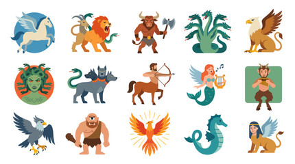 Obraz premium Mythology Creatures Flat Vector Icons Set. Ancient Greek Mythical Monsters and Fantasy Beast Collection.