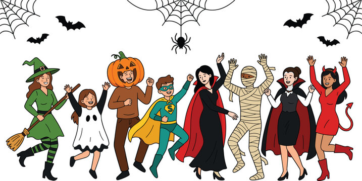 happy people in spooky halloween costumes dancing together with bats and spider web background