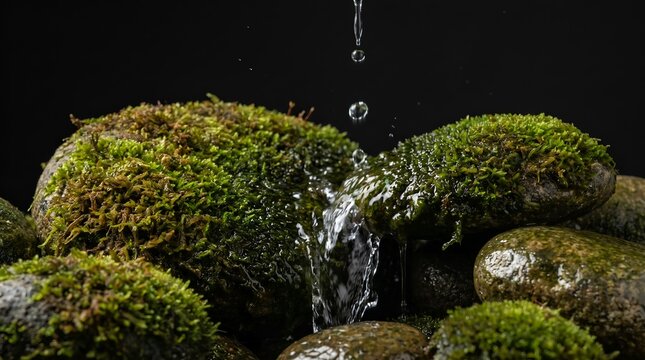 Water dripping on green mossy stones in a dark forest setting