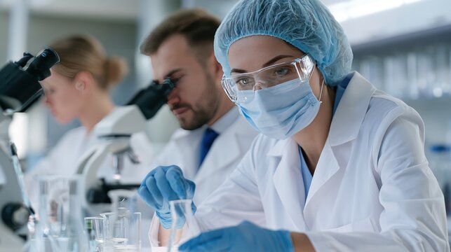 A focused scientist conducting an experiment in a laboratory with other scientists in the background. The scientist is wearing protective gear and working with a beaker and liquid