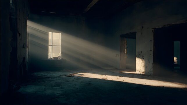 Urban ruin at dusk with soft light through a broken window onto a dusty floor. real-estate listings.