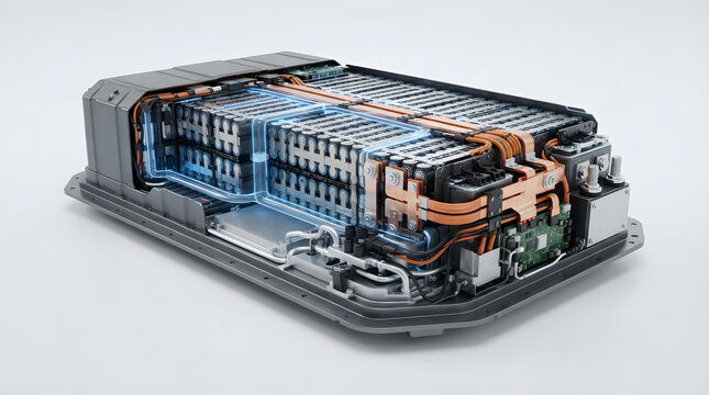 Advanced electric vehicle battery pack with blue cooling channels and copper busbars for modern automotive energy storage systems