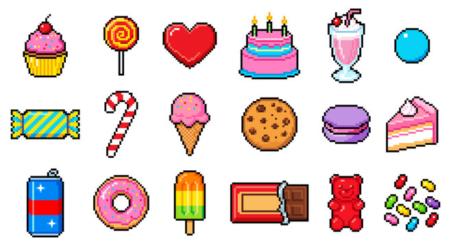 Cute pixel candy snack set with cupcake, donut and chocolate or cookie. 8 bit retro arcade or video game sweet food icon collection with sugar lollipop, ice cream treat or gummy bear and birthday cake
