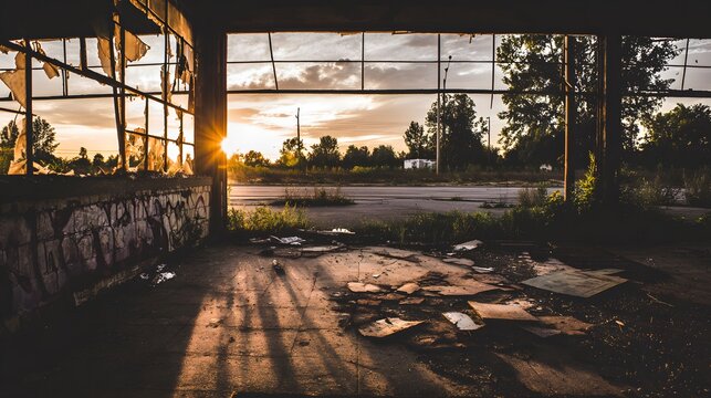 Urban ruin at dusk with soft light through a broken window onto a dusty floor. real-estate listings.