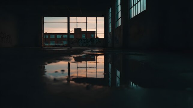 Urban ruin at dusk with soft light through a broken window onto a dusty floor. real-estate listings.