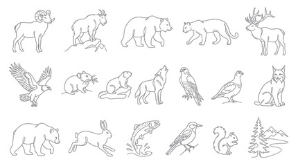 Obraz premium Black and White Line Art Forest Animals and Birds Vector Collection