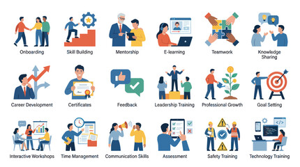 Fototapeta premium Business Development Flat Icons Set: Growth, Teamwork, Skills, Goals