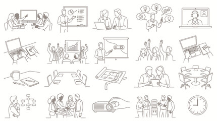 Fototapeta premium Business Office Concepts Black and White Line Art Icons: Meetings, Teamwork, Presentations Digital Work