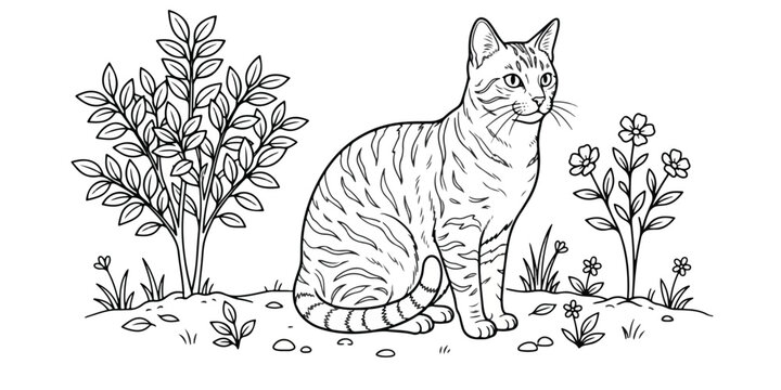 Line art outline of a tabby cat sitting in a garden with plants