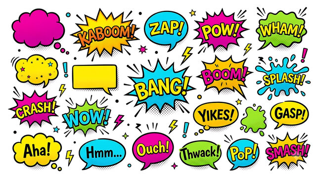 Retro comic speech bubbles set, colorful pop art explosion clouds with sound effects, vintage cartoon dialogue balloons collection