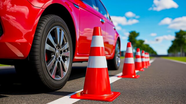 Red car with traffic cones on road representing driving safety and training