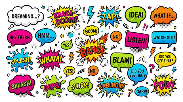 Comic book speech bubbles, colorful pop art sound effects set, vibrant cartoon explosion clouds and chat icons on white background
