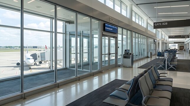 Modern airport terminal gate with airplane outside the window
