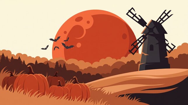 Halloween harvest scene with pumpkins and windmill under a large blood moon during twilight
